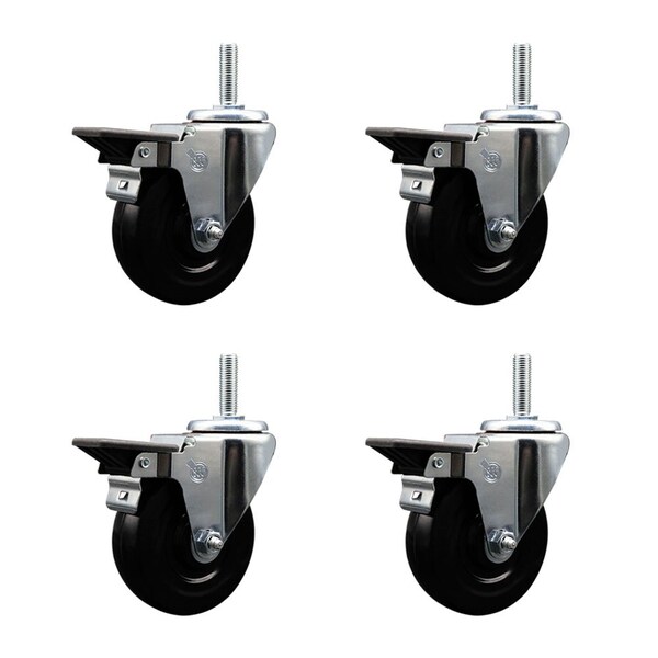 4 Inch Hard Rubber Wheel Swivel 34 Inch Threaded Stem Caster Set with Brake SCC
